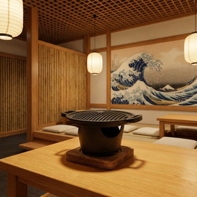 Japanese barbecue style grill with circular ridged plate on wood stand in zen dining room with paper lanterns and wall art