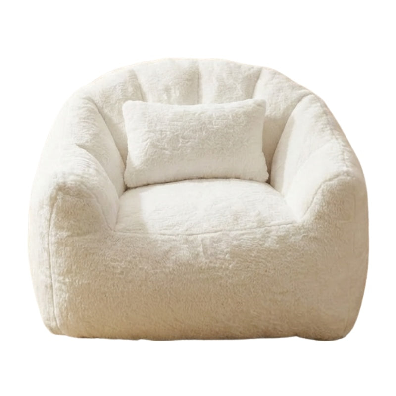 Japanese beanbag armchair in white teddy fabric with lumbar cushion isolated on clean neutral background
