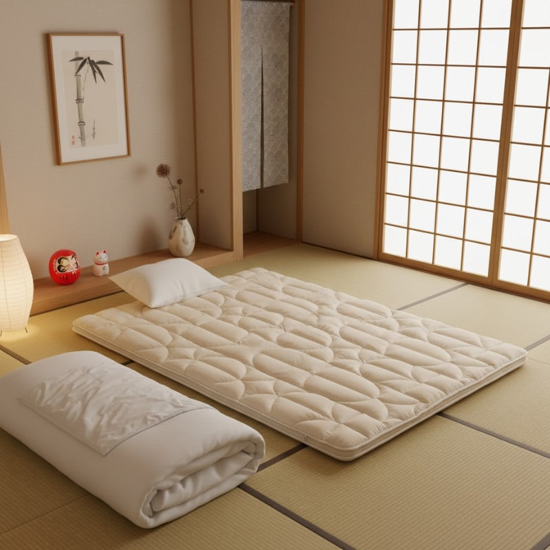 Authentic japanese bed futon with folded white bedding on tatami mats beside shoji screens with bamboo artwork and daruma figurine decoration