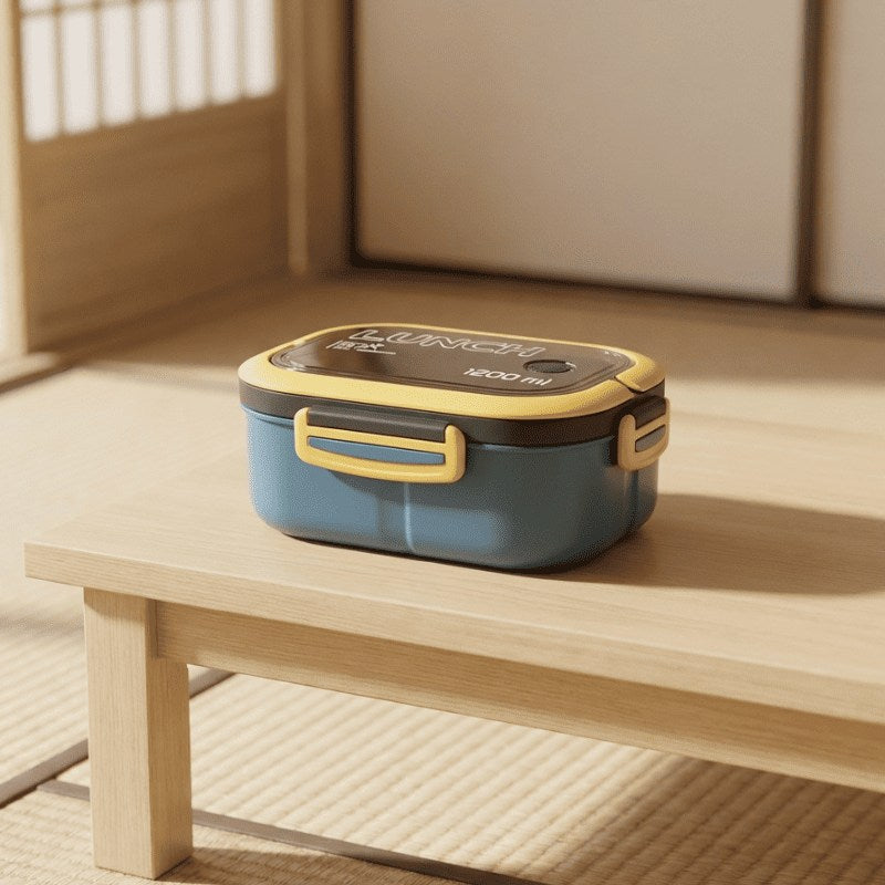 Sleek japanese bento lunch box with secure side clips displayed on minimalist wooden surface near shoji window catching soft daylight