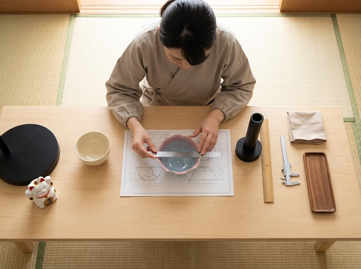 Overhead craftsmanship shot measuring a Japanese blue matcha tea bowl with lotus petal rim and pink and blue glaze against a scale blueprint, maneki neko figurine on the table