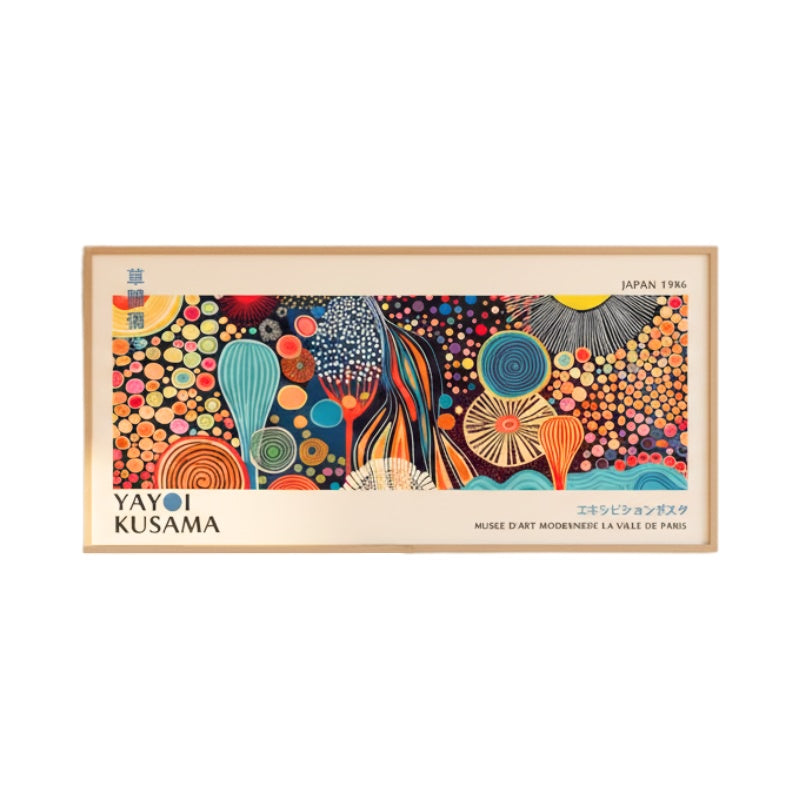 Framed japanese canvas prints featuring Kusama exhibition poster with orange blue and turquoise organic shapes on clean white background