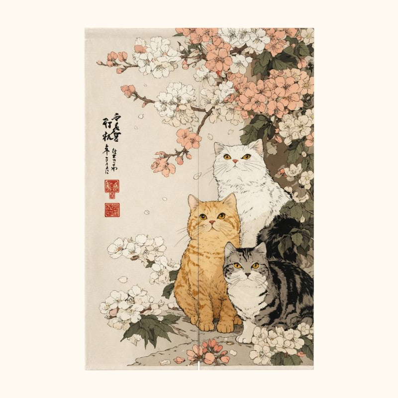 Traditional japanese cat noren featuring three cats white orange and tabby surrounded by pink sakura blossoms with calligraphy and red seal on cream fabric on white background