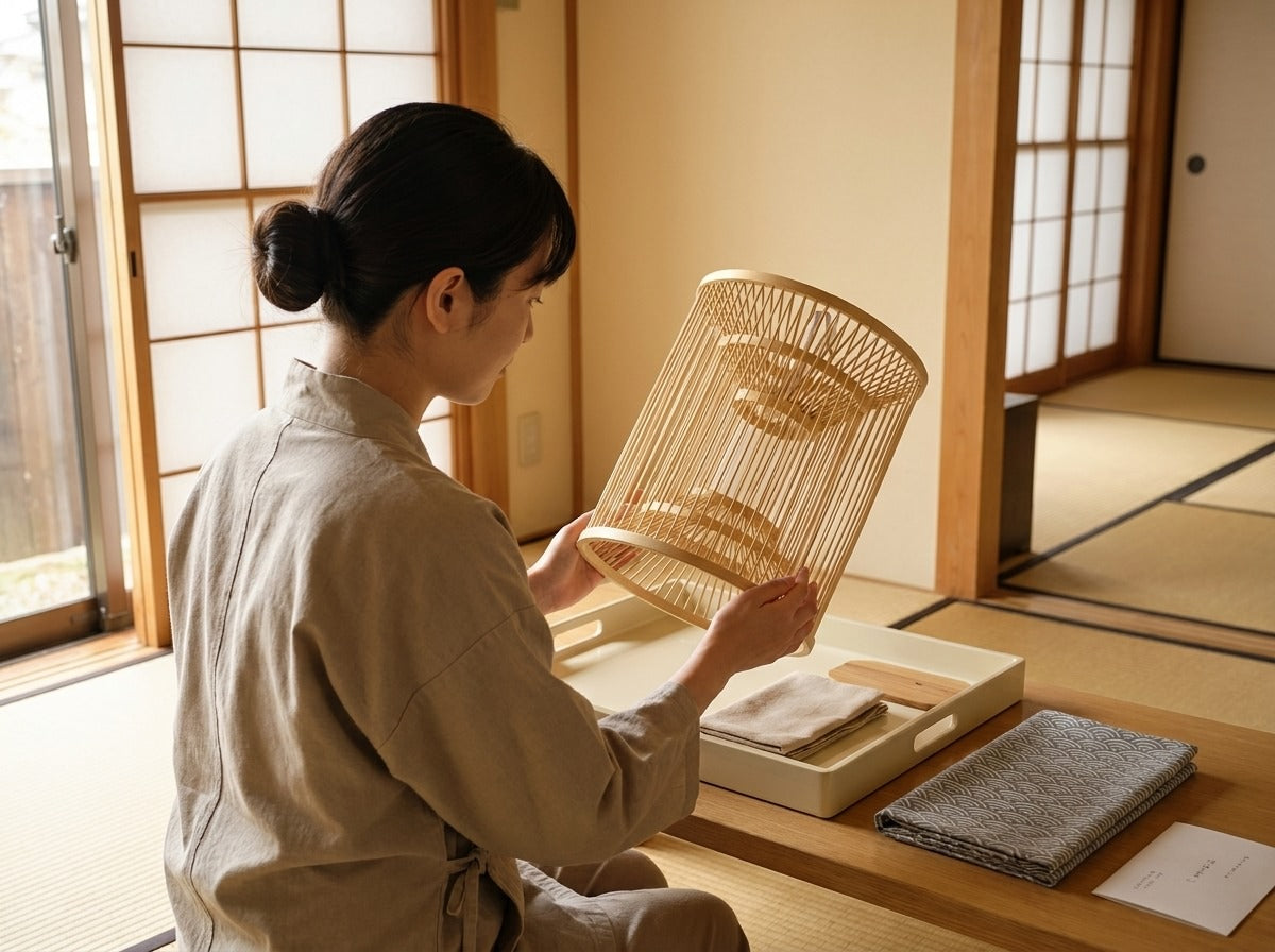 Artisan holding a Japanese ceiling light with a woven bamboo rib shade above a tray with folded cloths, tatami room near open shoji doors overlooking the garden