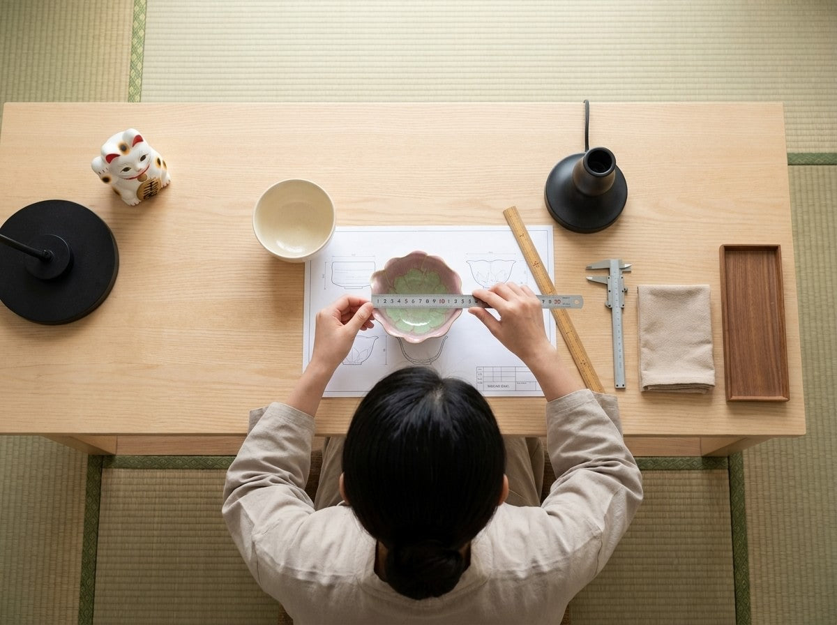 Overhead workshop shot measuring a traditional Japanese ceramic matcha bowl with pink scalloped rim and green glaze interior on a scale blueprint, maneki neko figurine nearby