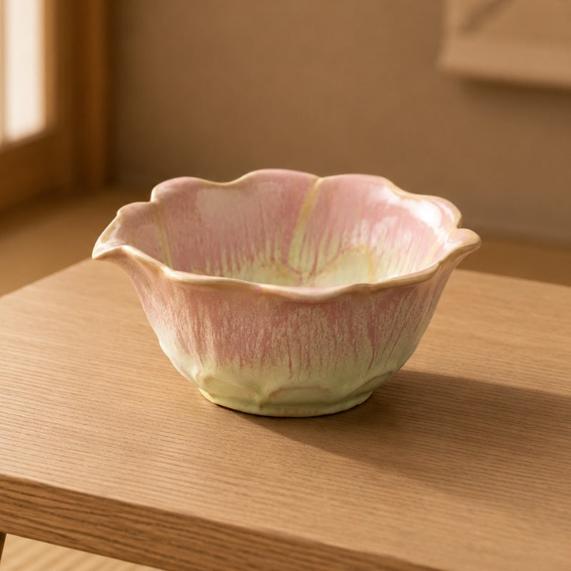 Japanese ceramic matcha bowl with lotus-shaped scalloped rim and pink drip glaze on a light wood table, warm Japanese interior in the background