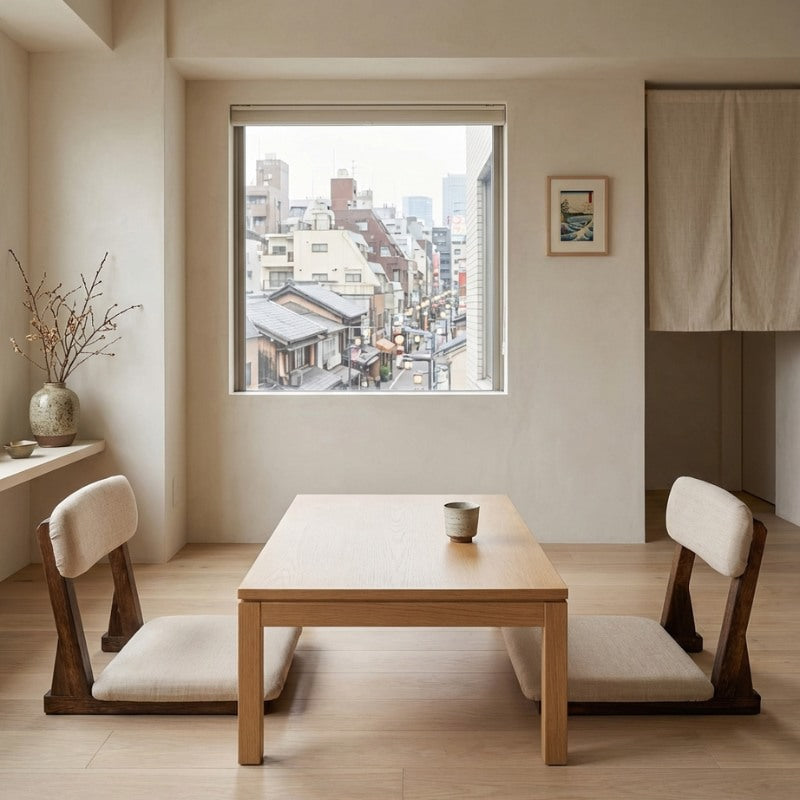 Japanese chair tatami pair with beige upholstery around low table in modern minimalist room with urban window view
