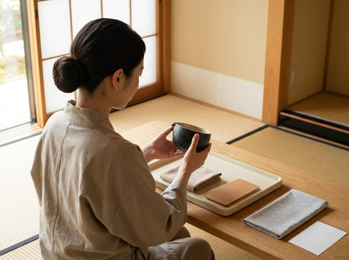 Artisan holding a Japanese chawan matcha bowl with mottled charcoal glaze, tray with folded cloths on the tatami room table by a sunlit shoji screen