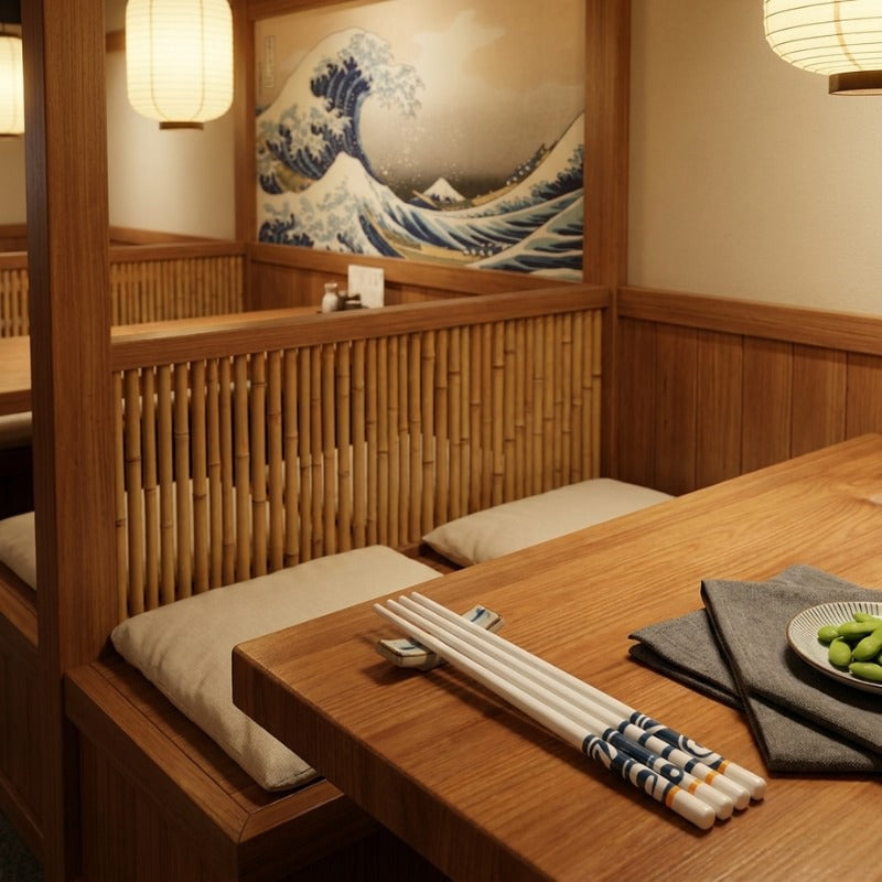Two pairs of white Japanese chopsticks ceramic with blue indigo motifs on a chopstick rest in a traditional izakaya booth with bamboo panels, paper lanterns and a Great Wave mural in the background