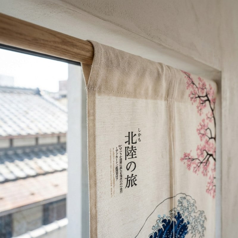 Close-up of japanese curtains noren texture showing Hokusai Great Wave cherry blossom and kanji calligraphy on natural linen fabric mounted on wooden rod with traditional rooftop view