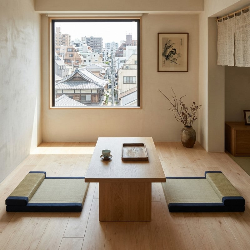 Japanese cushion blue pair with tatami surfaces flanking wooden table near window overlooking urban rooftops with noren and sumi-e art