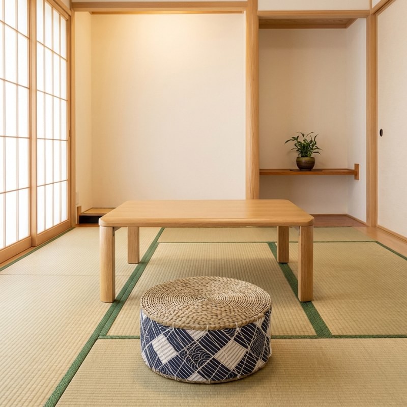 Japanese cushion floor blue zabuton with geometric navy pattern on tatami mat in traditional room with shoji screen and tokonoma