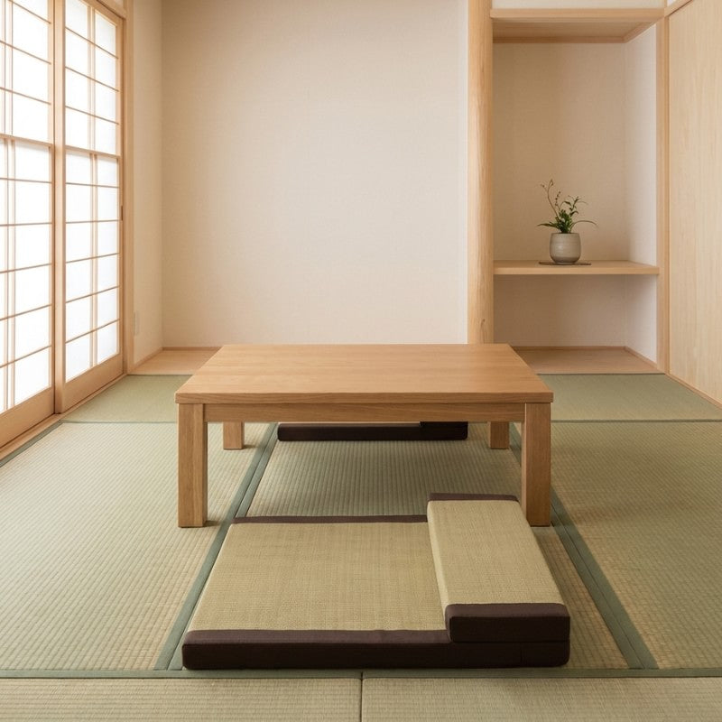 Japanese cushion seating with beige tatami weave and backrest near chabudai table on tatami floor with shoji screen tokonoma