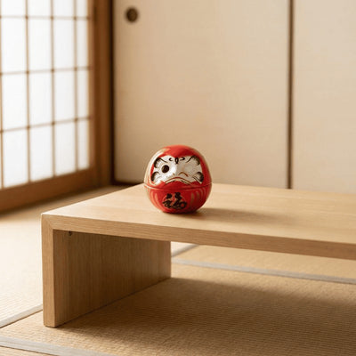 Japanese daruma art with classic red finish and bold black prosperity character positioned on low wooden table in minimalist tatami setting