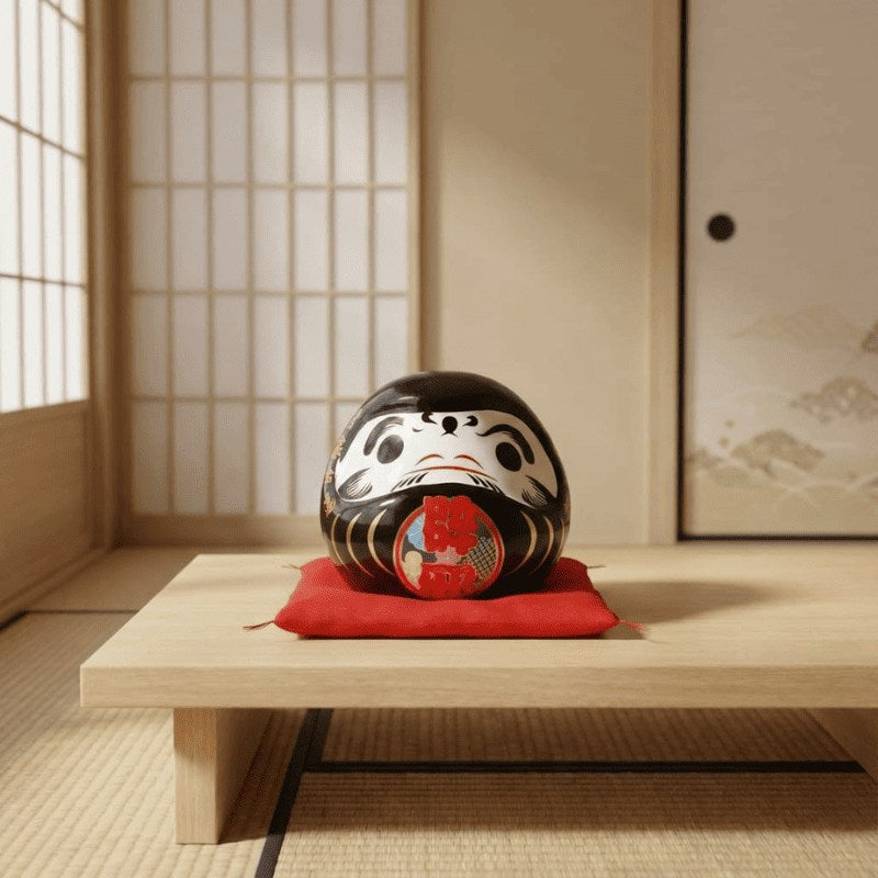 Fierce japanese daruma doll black with decorative patterns placed on red silk cushion atop wooden table in minimalist traditional Japanese interior space