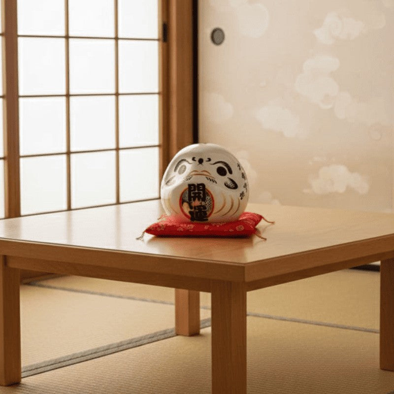 Balance focused japanese daruma doll kanji in ivory white finish with harmony calligraphy resting on red cushion atop low wooden table in tatami space 