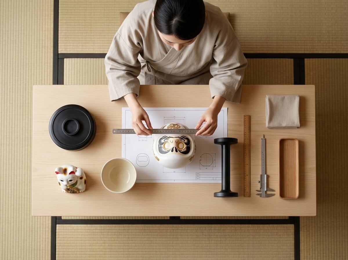 Overhead view of two hands measuring a japanese daruma doll traditional in style, cream ceramic with gold kanji and a bold black-rimmed face, against a blueprint