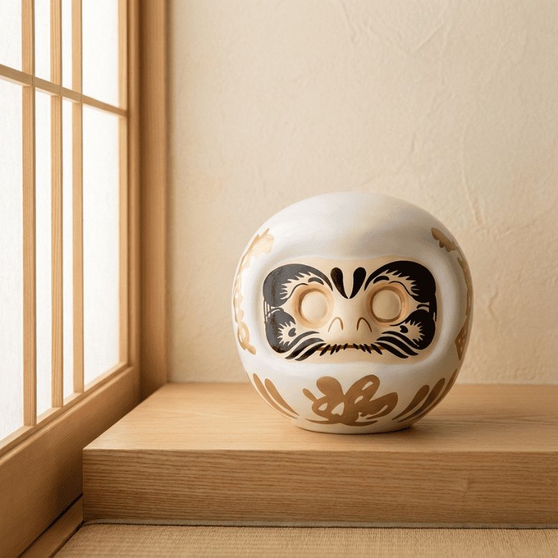 Pure Japanese daruma doll white ceramic with golden brush patterns sits on wooden shelf beside traditional shoji screen window in peaceful Japanese room.