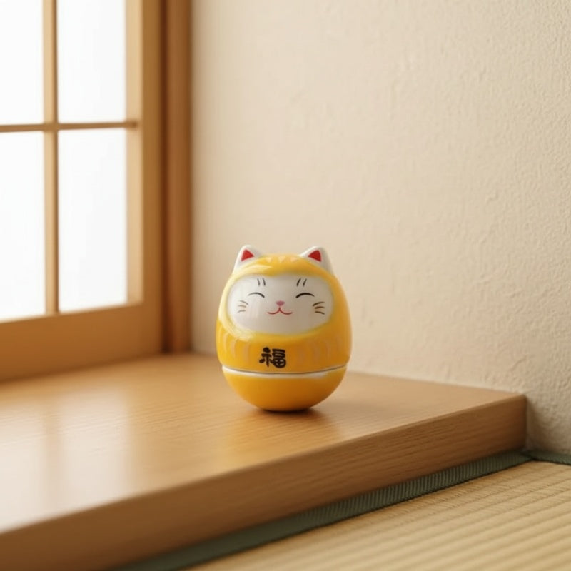 Compact japanese daruma lucky cat ornament in sunny yellow on windowsill near shoji screen in traditional room