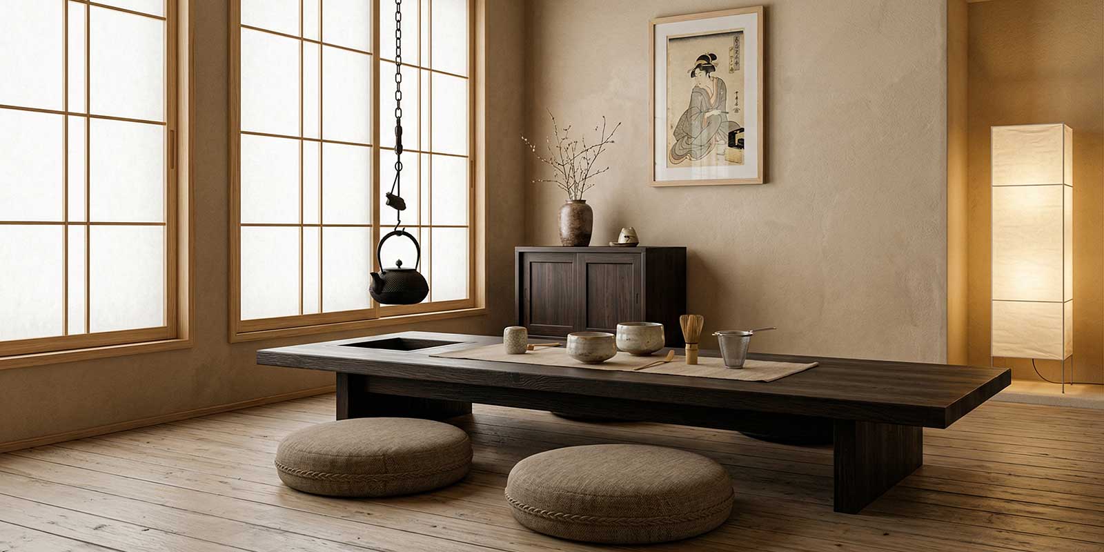 Modern Japanese-style room with wooden floor, low table, and decorative items regarding a Japanese Decore Store for people liking furniture, decoration