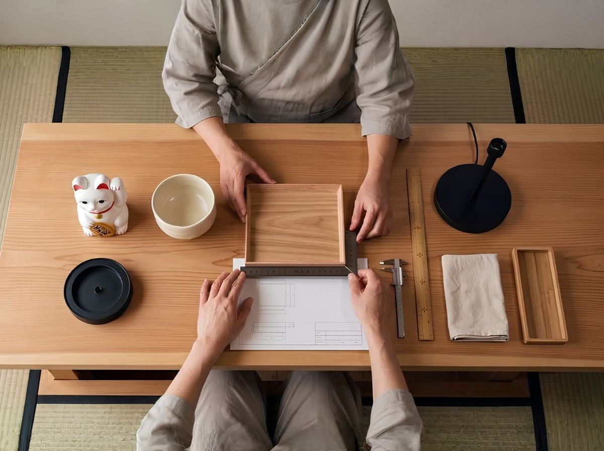 Overhead view of a traditional Japanese tabletop scene with two people seated at a wooden table, handling a small wooden box and papers. The table also holds a white maneki-neko figurine, a ceramic bowl, black lids, a cloth, and wooden tools.