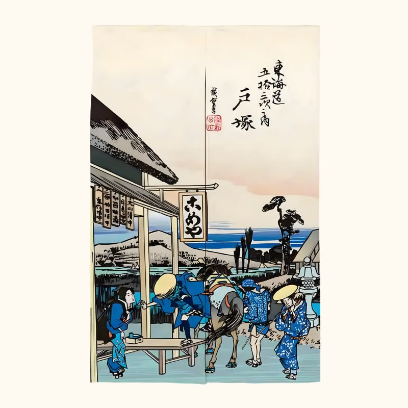Japanese door curtain noren street scene Tokaido Hiroshige ukiyo-e print with travelers and horse on neutral background