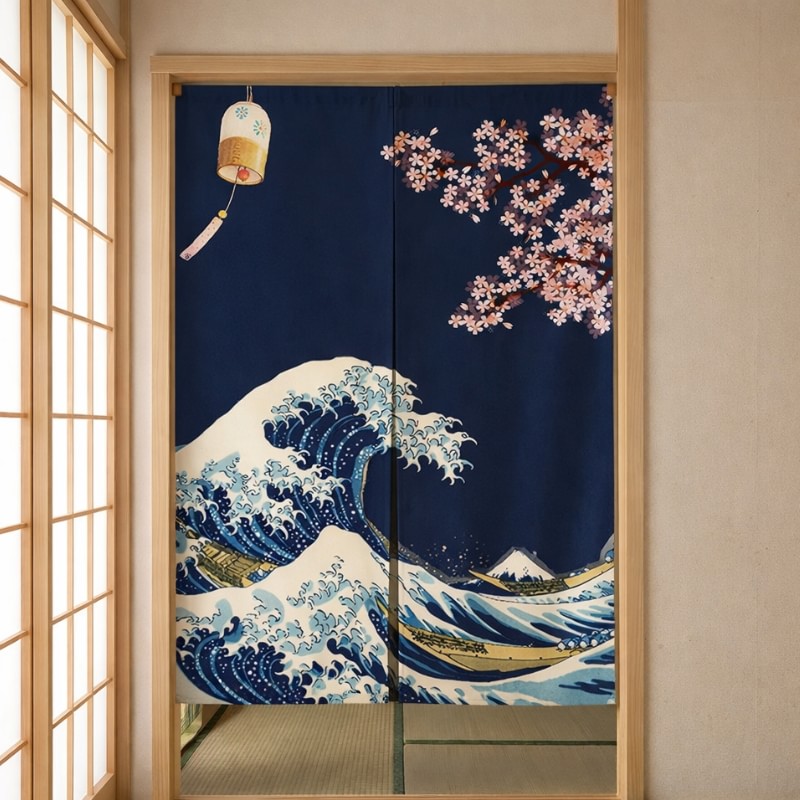Traditional japanese door curtain noren with dark navy Hokusai Great Wave cherry blossom branches and furin wind chime displayed in authentic tatami room with shoji screen panels