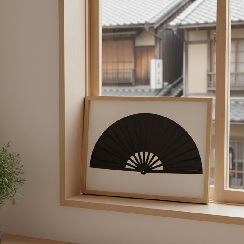 Traditional japanese fan big in black displayed in wooden frame on window sill overlooking historic street creating sophisticated composition