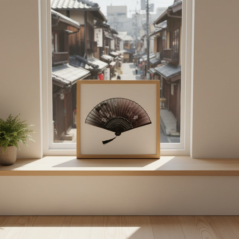 Framed japanese fan black with gradient design and floral pattern displayed on windowsill overlooking snowy Kyoto street scene