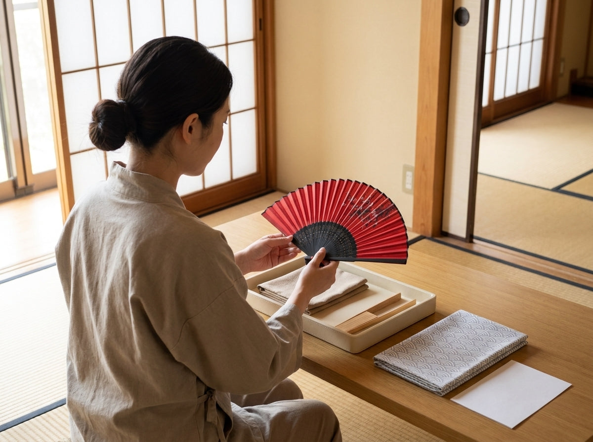 Artisan holding a red and black Japanese dance fan partially open, pleated silk panel visible, tray with folded cloths on the tatami room table by a sunlit shoji screen