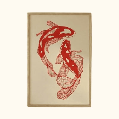 Framed japanese fish prints carp poster featuring two red koi swimming in circular pattern on cream background with natural wood frame