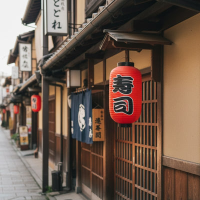 Traditional japanese floating lantern paper with sushi kanji hanging outside wooden storefront on historic street in daylight