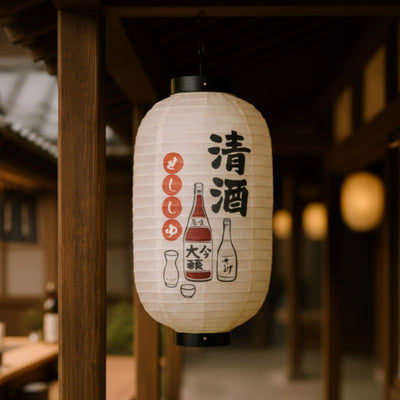 Traditional japanese floating lantern displaying sake bottles and bold calligraphy hanging in warm wooden interior with atmospheric evening lighting