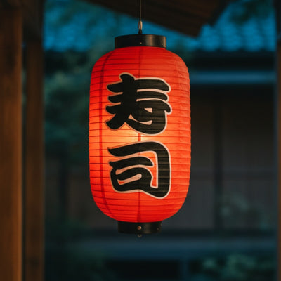 Glowing japanese floating paper lantern displaying sushi kanji in vibrant red suspended near window at dusk with soft ambient light