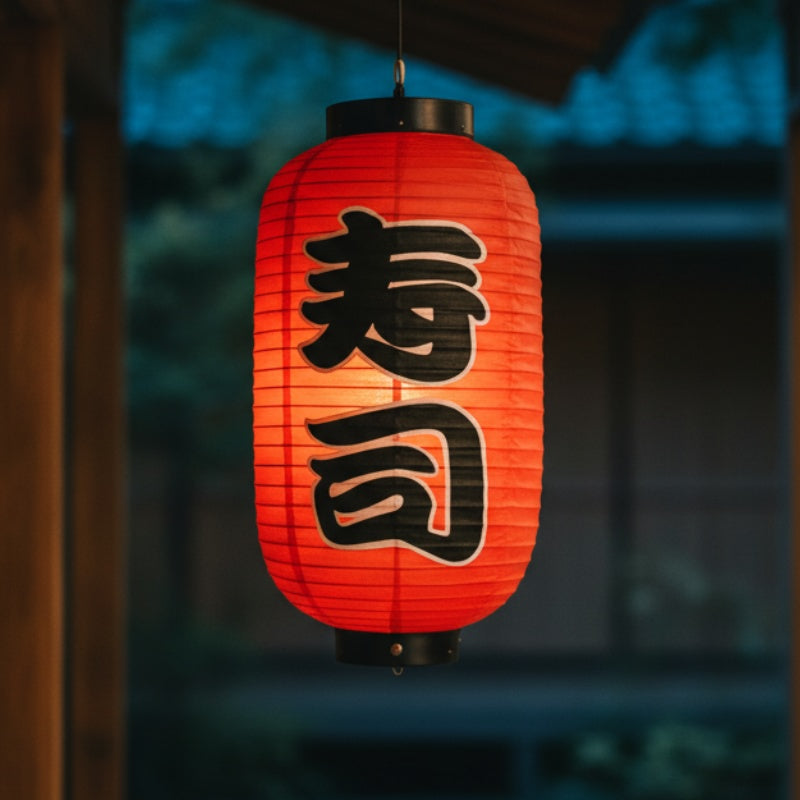 Glowing japanese floating paper lantern displaying sushi kanji in vibrant red suspended near window at dusk with soft ambient light