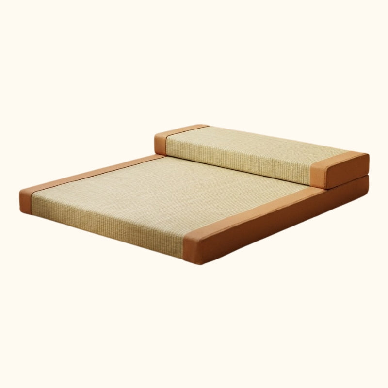 Japanese floor cushion orange with beige tatami surface backrest pillow and orange fabric borders on white background