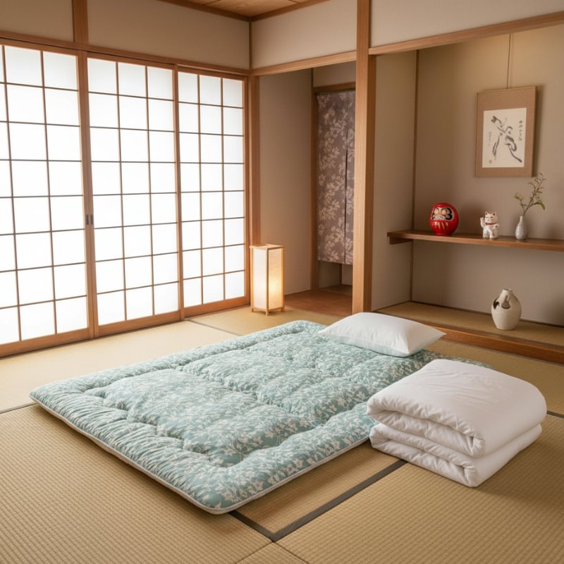 Japanese floor futon mattress with sage botanical print on tatami in traditional room with shoji screen tokonoma and white folded futon