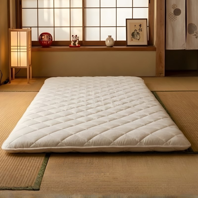 Japanese floor futon with white diamond quilting on tatami in traditional room with shoji screen daruma doll and calligraphy art