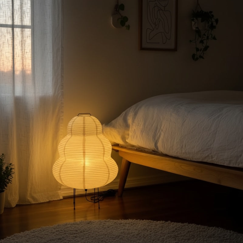 Japanese floor paper lamp with gourd shaped rice paper shade casting warm amber glow beside wooden bed frame and white linen bedding in cozy bedroom