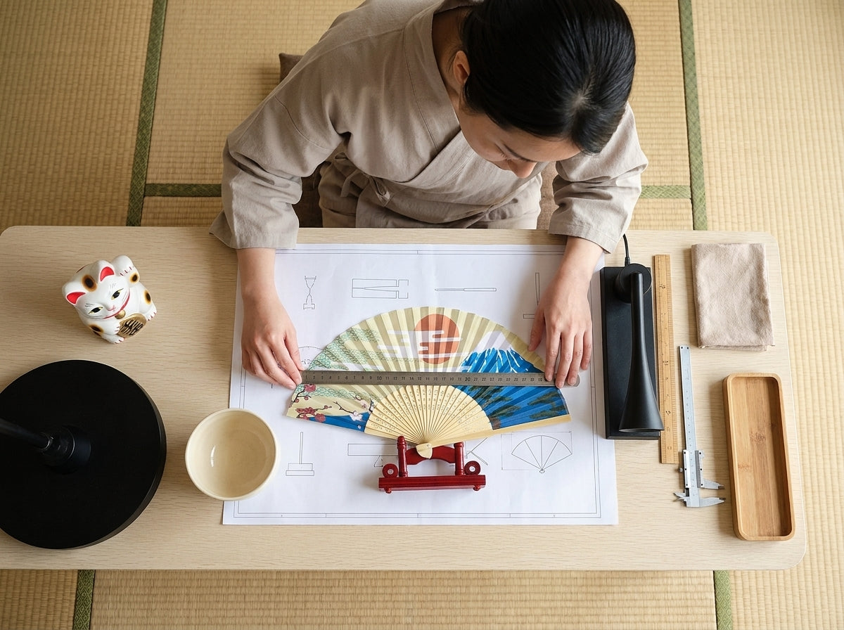 Overhead workshop shot positioning a Japanese paper fan with Mount Fuji design on a red lacquer stand over a scale blueprint, maneki neko figurine and calipers nearby