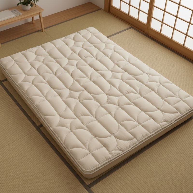 Classic japanese futon bed on low wooden platform in serene tatami room with shoji screens and minimalist Japanese interior design aesthetic