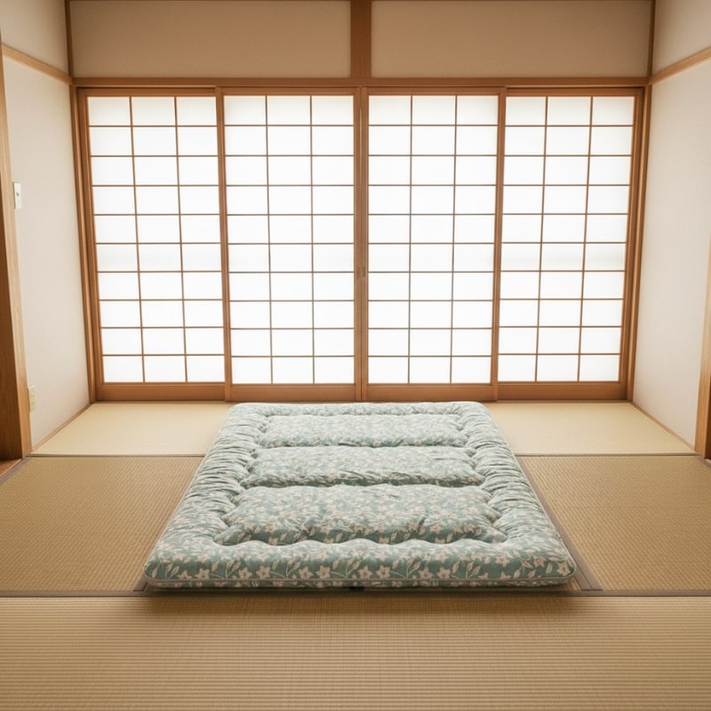 Japanese futon mattress floor with botanical motif on tatami in traditional room with wide shoji screen panels and natural light