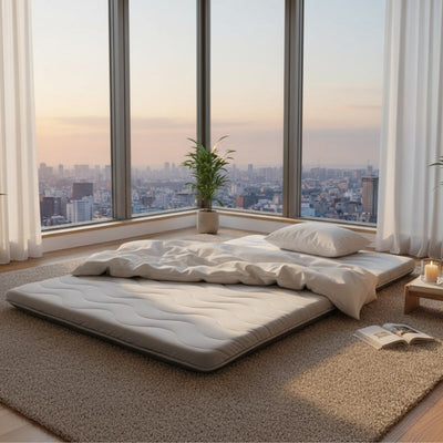 Minimalist japanese futon white with bedding placed on beige carpet in modern apartment with panoramic city skyline views at sunset
