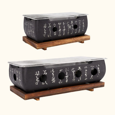Japanese grill barbecue black models in two sizes showing rectangular ceramic design with identical kanji inscriptions and chrome grates