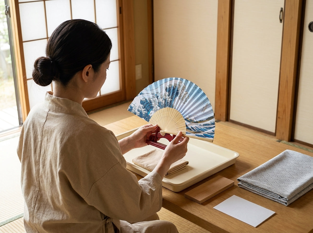 Artisan holding an open Japanese hand fan with the Great Wave off Kanagawa print on its red lacquer stand, folded cloths on tray, tatami room near shoji doors
