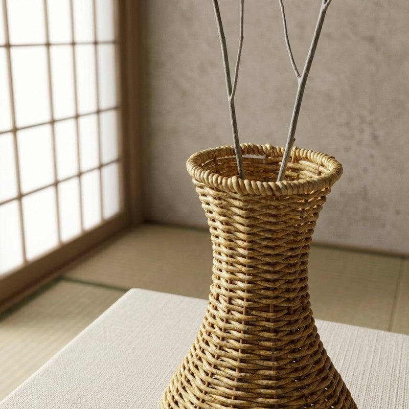Japanese hand woven flower vase with organic shape, decorated with branches in a calm Japanese-style room.