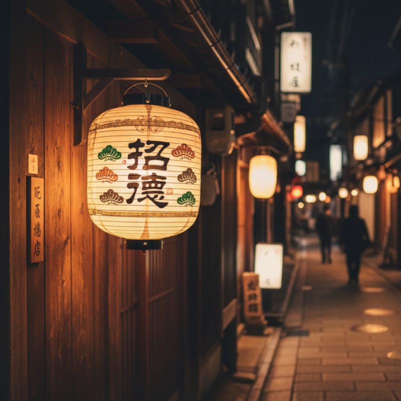 Glowing japanese kanji outdoor lantern with colorful pine motifs hanging outside traditional wooden storefront on historic street at night