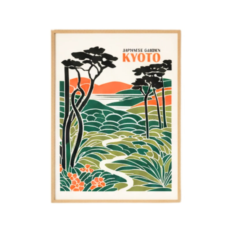 Framed japanese kyoto print featuring garden landscape with twisted pine trees orange sun and winding path on clean white background