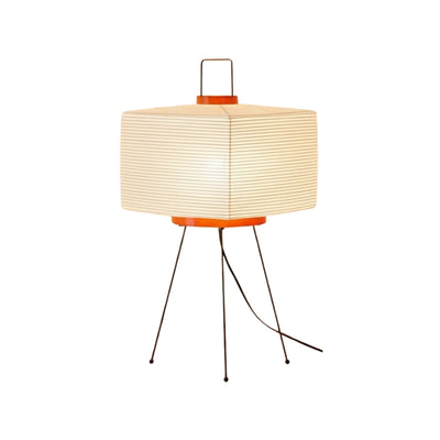 Contemporary japanese lamp floor style with striped cube shade and tripod legs displayed on clean neutral background