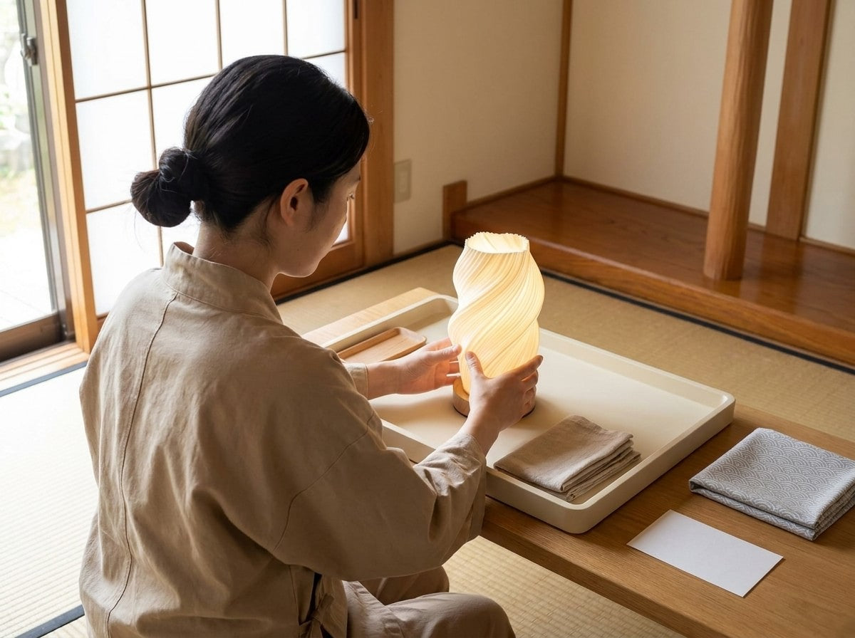 Artisan holding a lit modern Japanese table lamp with sculptural pleated white shade resembling flowing waves, tray with wooden accessory on tatami room table